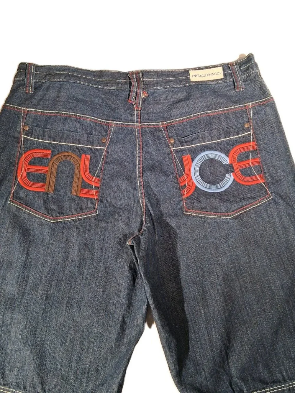 ENYCE Denim Shorts  sz 42 Baggy Loose-Fit  Skater Y2K Retro  Red/Blue Stitch EXC